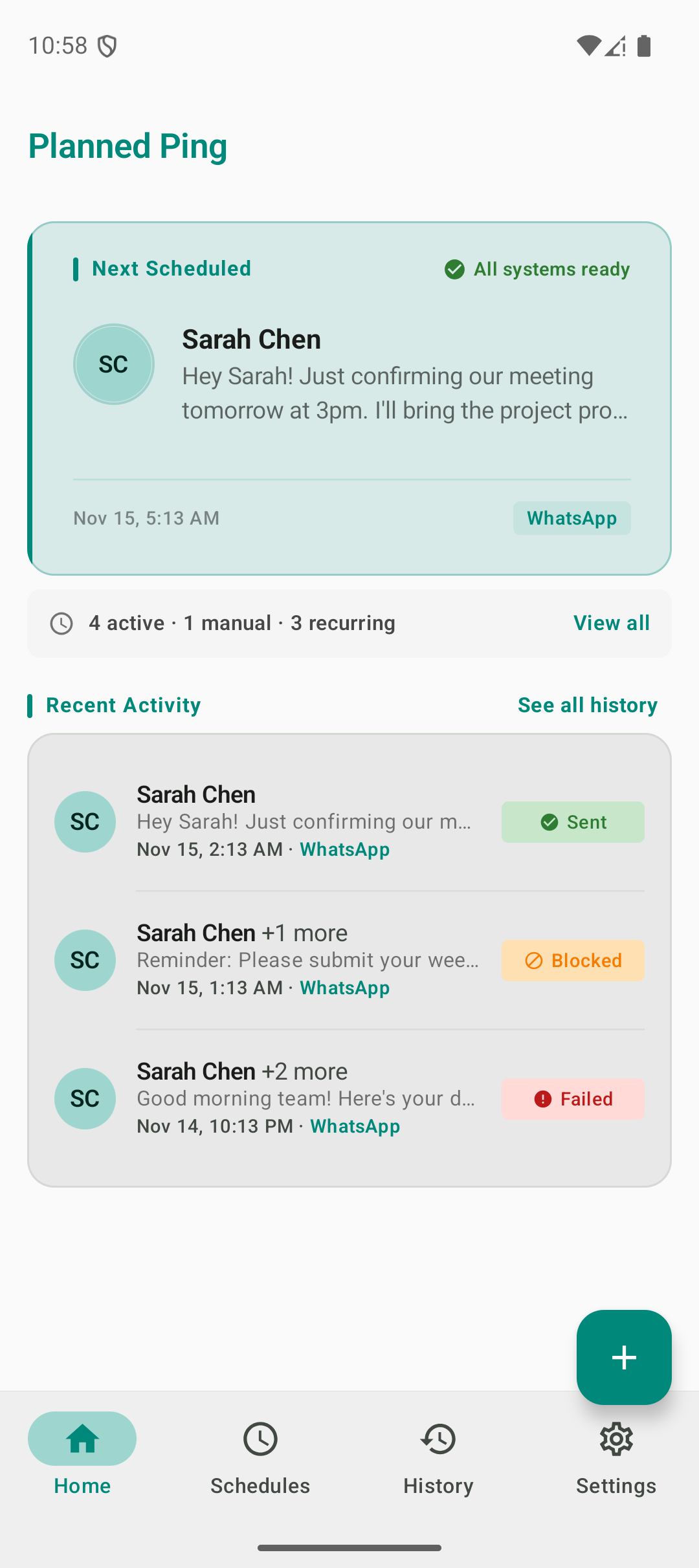 PlannedPing home screen showing scheduled messages and recent activity