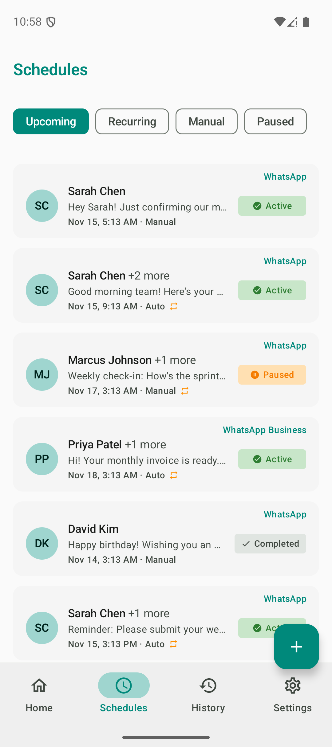 Schedules list showing active, paused, and completed WhatsApp messages